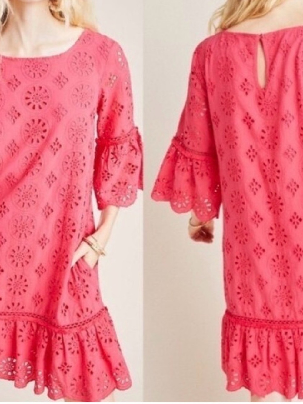 Anthropologie Coral Eyelet Shift Dress 100%Cotton